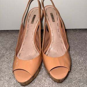 MIU MIU Patent leather sandals / Peach Slingback Peep Toe Wedges